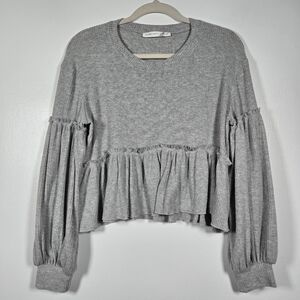 Altar'd State Gray Ribbed Balloon Sleeve Ruffle Peplum Boxy Top Size Medium
